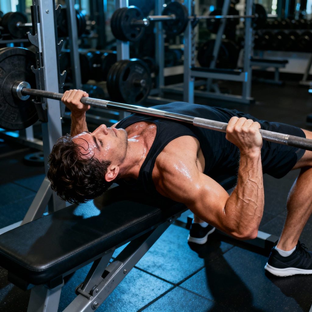 Press de Banca vs Flexiones: ¿Cuál es Mejor para Ganar Masa Muscular? Atleta ejecutando press de banca con barra para ganar masa muscular