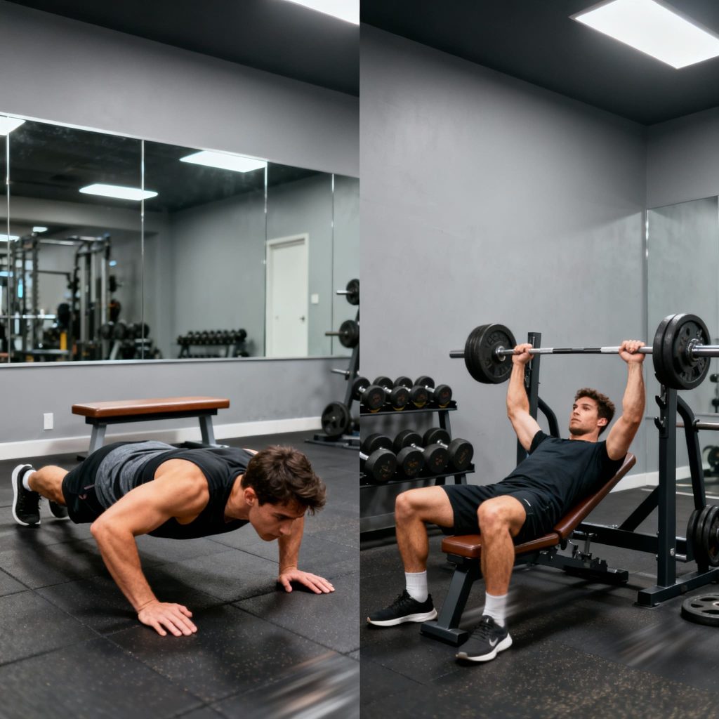 Press de Banca vs Flexiones: ¿Cuál es Mejor para Ganar Masa Muscular? Comparación visual entre flexiones y press de banca para hipertrofia muscular