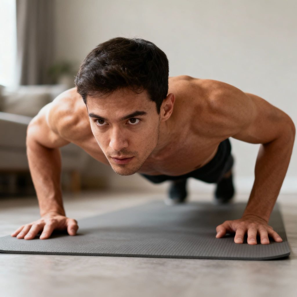 Press de Banca vs Flexiones: ¿Cuál es Mejor para Ganar Masa Muscular? Persona realizando flexiones con tecnica perfecta para desarrollar pectorales